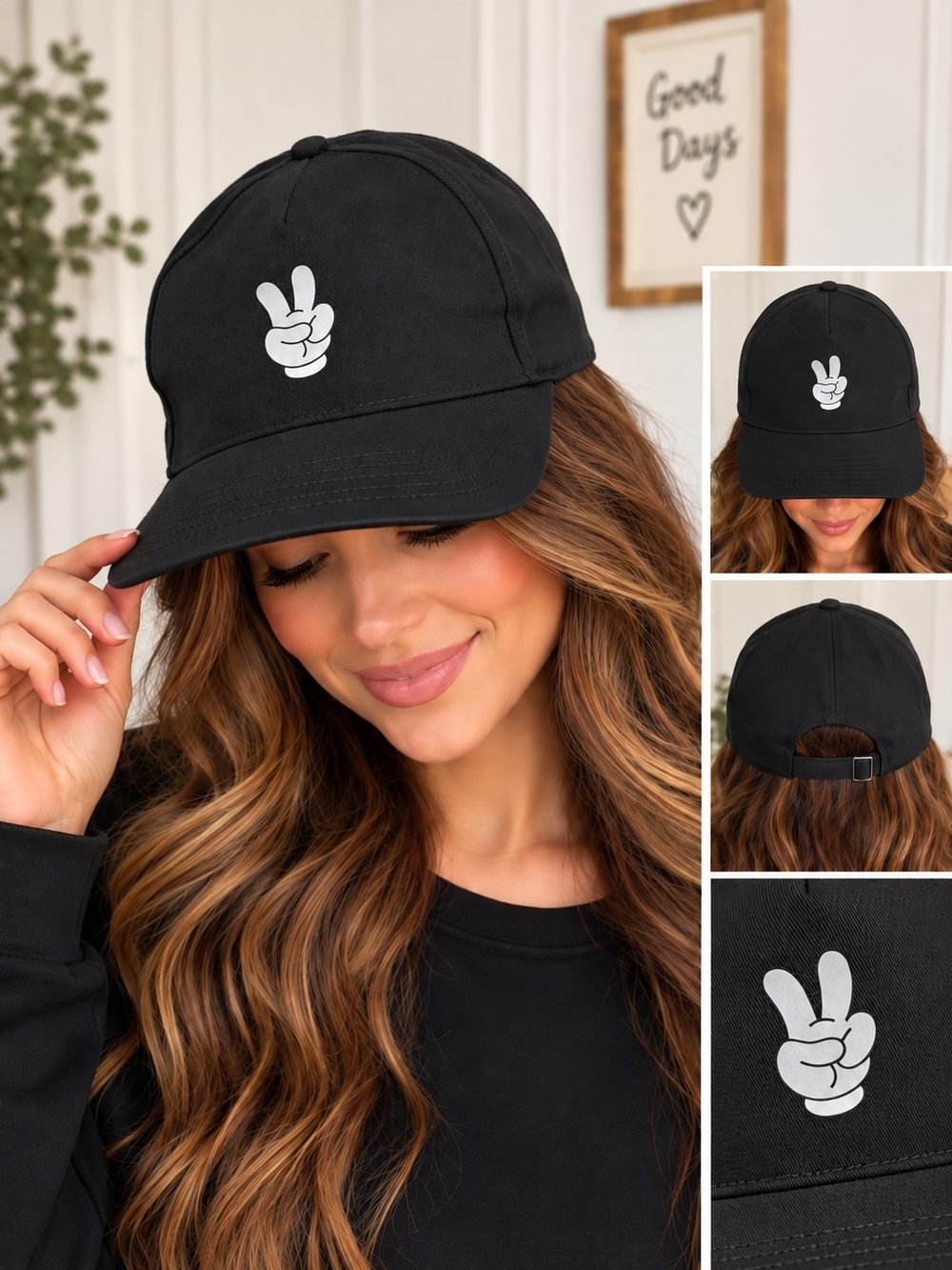 Disney Mickey Peace Sign Black Baseball Cap